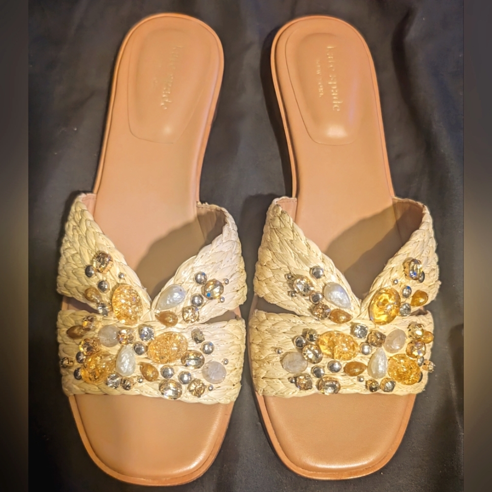 Kate Spade New York Women's Tan/Yellow Bedazzled Slide Sandals